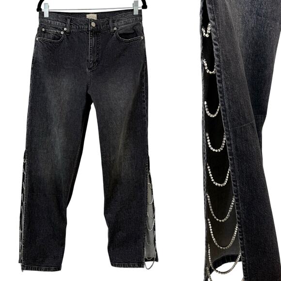 Alice + Olivia Gayle Baggy Jeans Embellished Denim Charcoal Black Crystal 30 - Picture 1 of 14